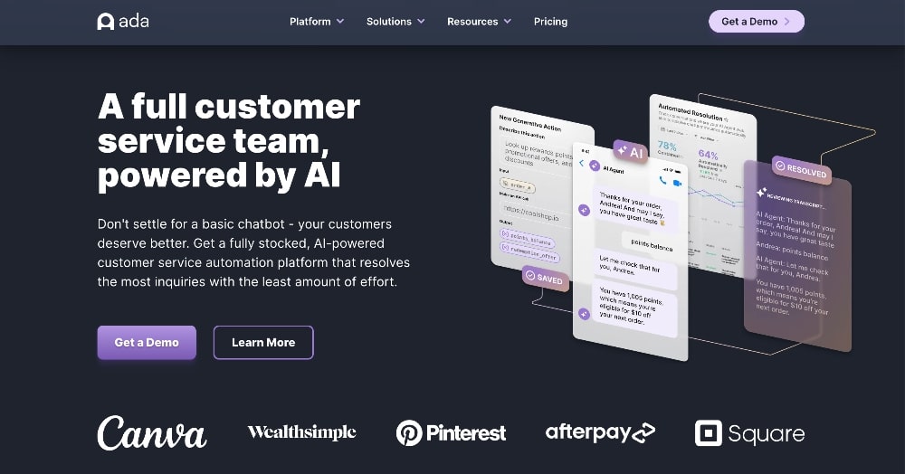 ADA AI chat service homepage screenshot