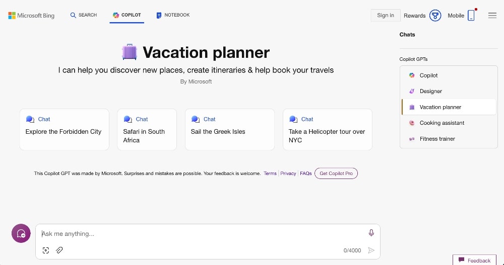 Bing Chat dashboard screenshot