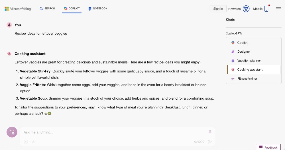 Bing chat prompt output