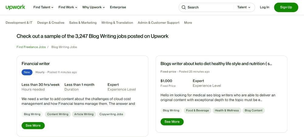 Blog writing jobs on Upwork min Screenshot of blog writing freelance jobs on Upwork