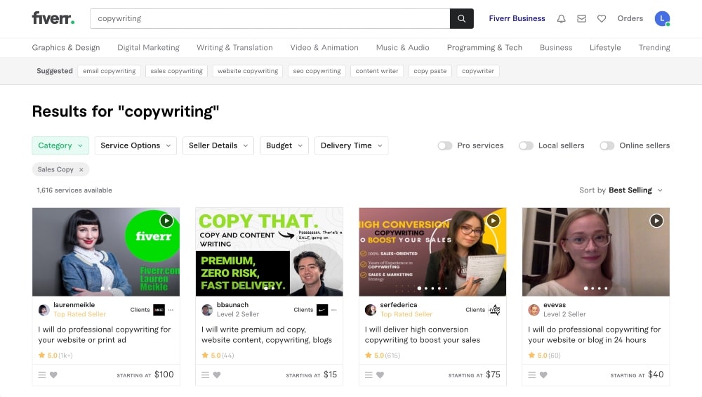 copywriting jobs on fiverr min Screenshot of Fiverr search results for copywriting jobs