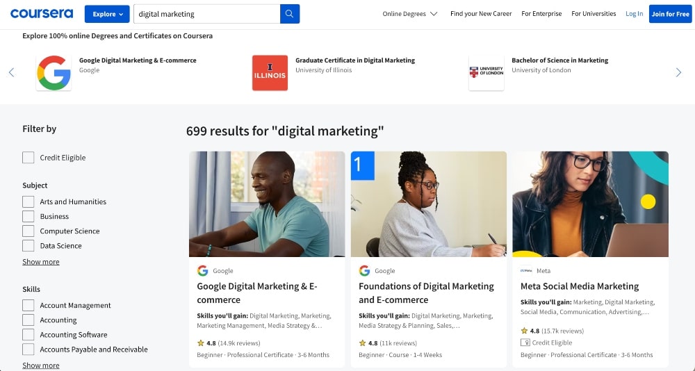 screenshot of Coursera marketing courses search results