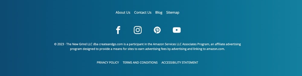 Create and Go footer min screenshot of Create and Go blog footer with social media icons