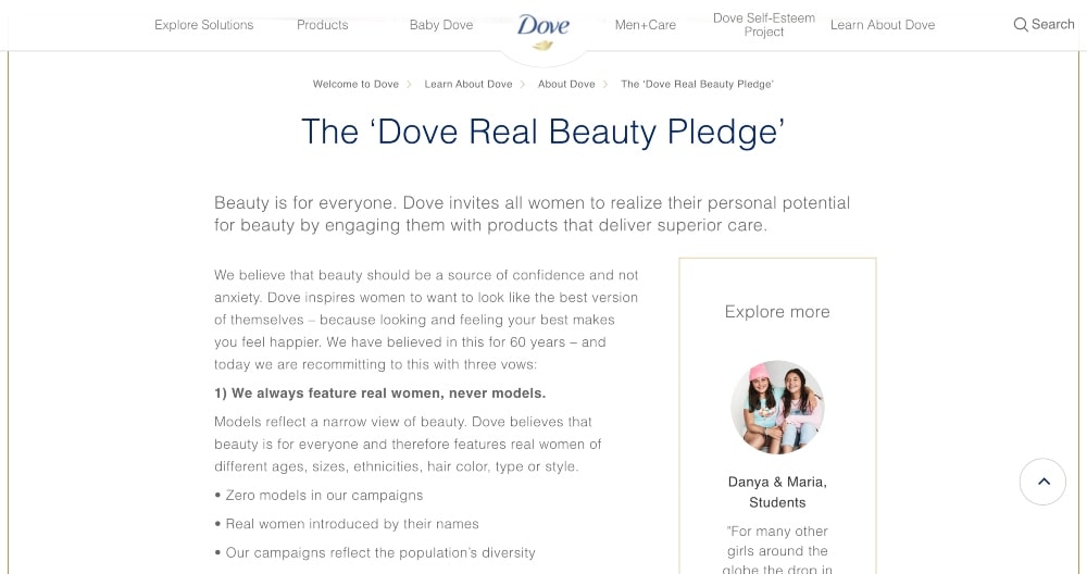 Dove Real Beauty Pledge min screenshot of Dove's Real Beauty Pledge page