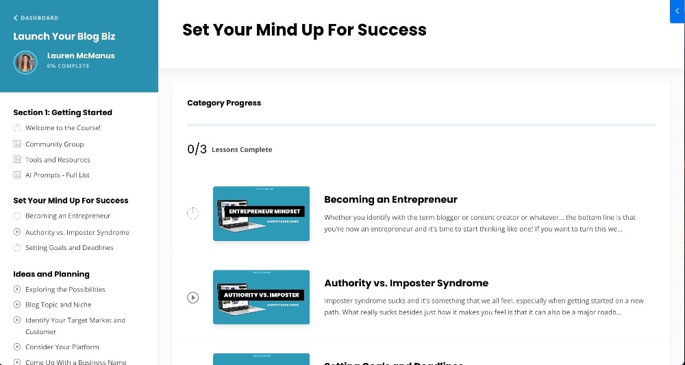 Kajabi online course dashboard