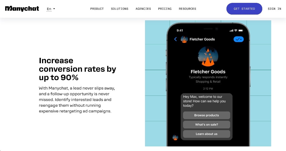 Manychat homepage screenshot