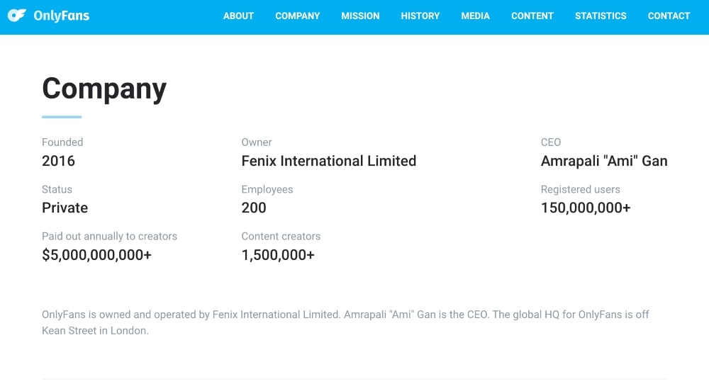 OnlyFans company info min screenshot of OnlyFans company info