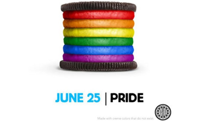 Oreo twist ad min Oreo with pride-colored creme filling as part of the Oreo Twist ad