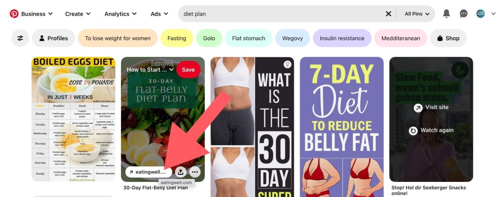 Pinterest click example min screenshot of Pinterest click-through example