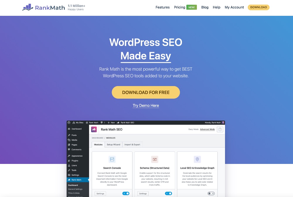 Rank Math Home Page Screenshot Screenshot of Rank Math home page with demo window