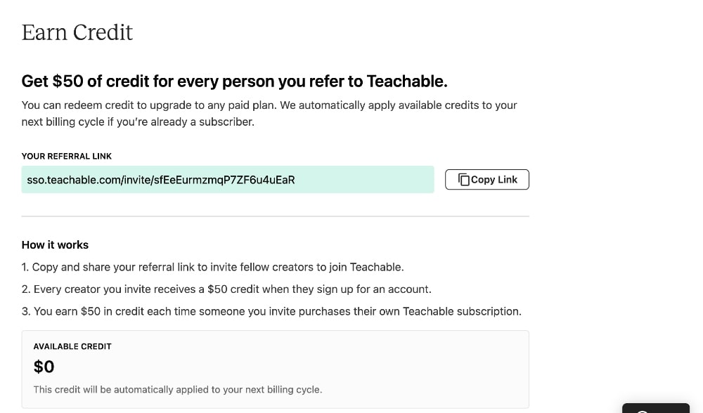 Teachable referral program screenshot Teachable referral program screenshot