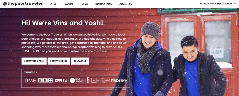 The Poor Traveler Screenshot 2 Screenshot of the homepage for The Poor Traveler blog