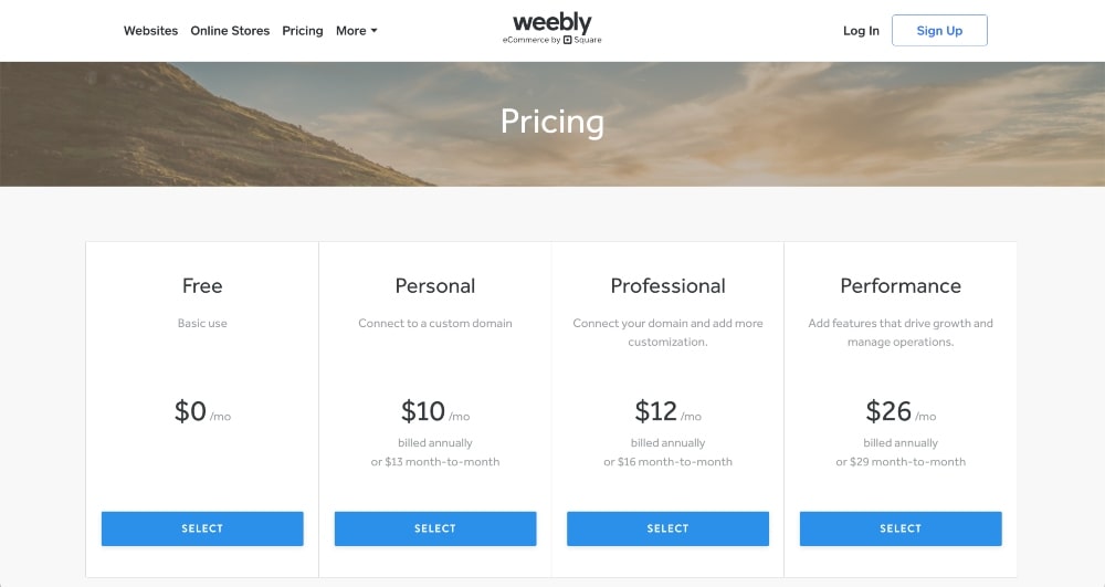 Weebly blog pricing min screenshot of Weebly blog pricing