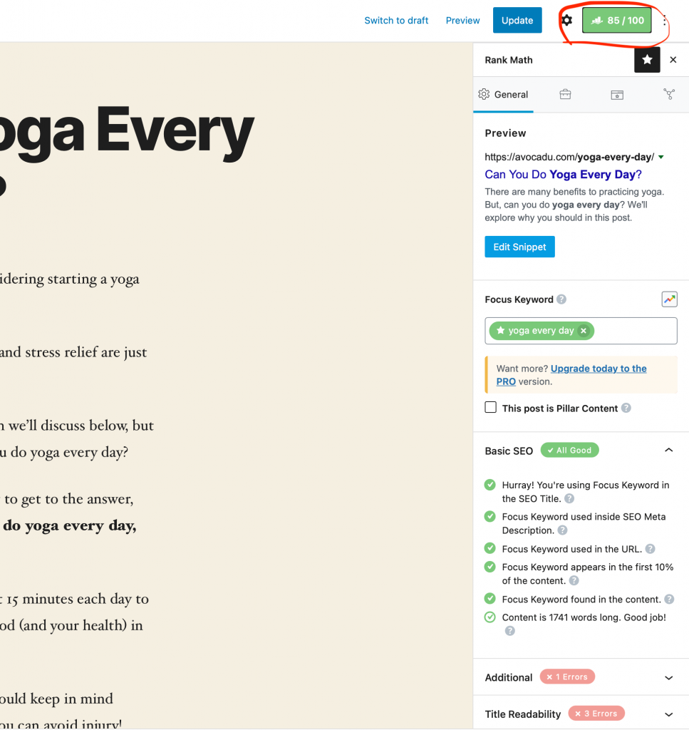 Rank Math Screenshot min Screenshot of WordPress blog post using Rank Math