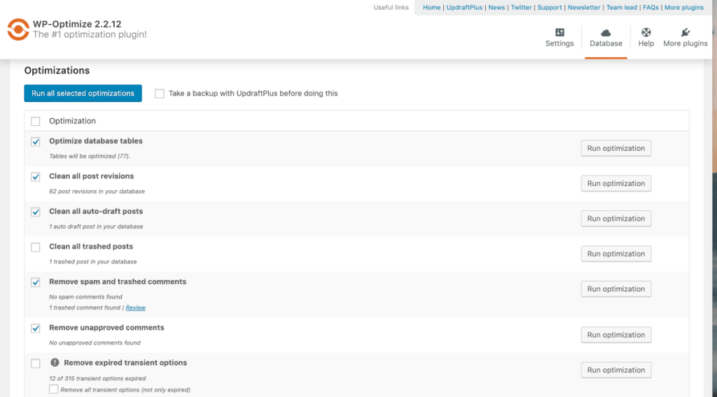 WP Optimize plugin min Screenshot of WP-Optimize plugin settings